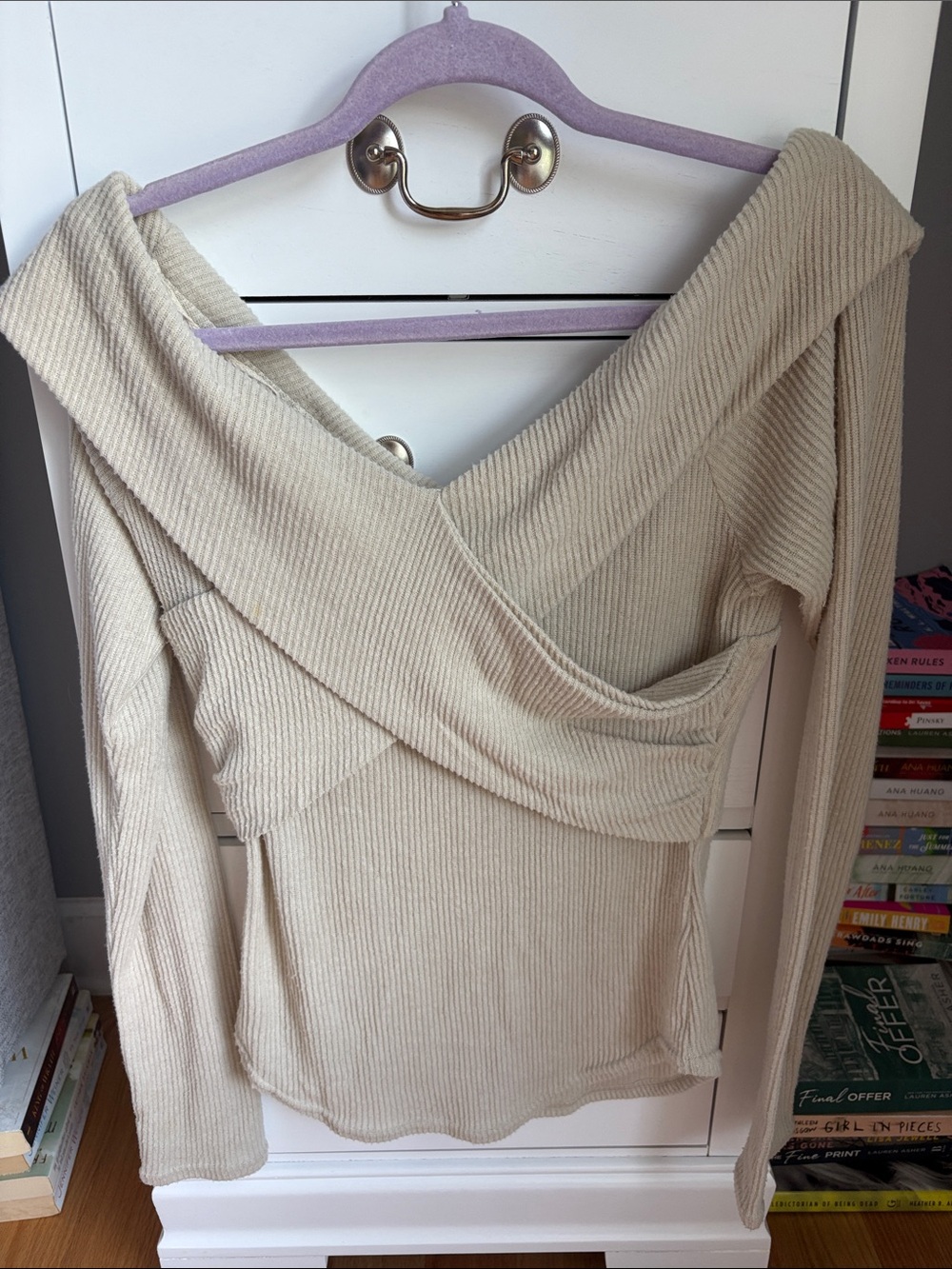 Free People Cream Ribbed Off-Shoulder Wrap Sweater